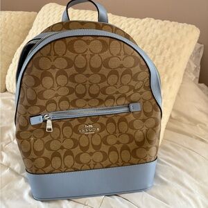 Coach Light Blue & Brown Coach Pattern Backpack | Never Used
